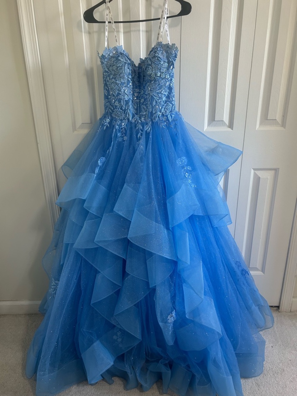 Blue Ruffled Ball Gown with Floral Bodice